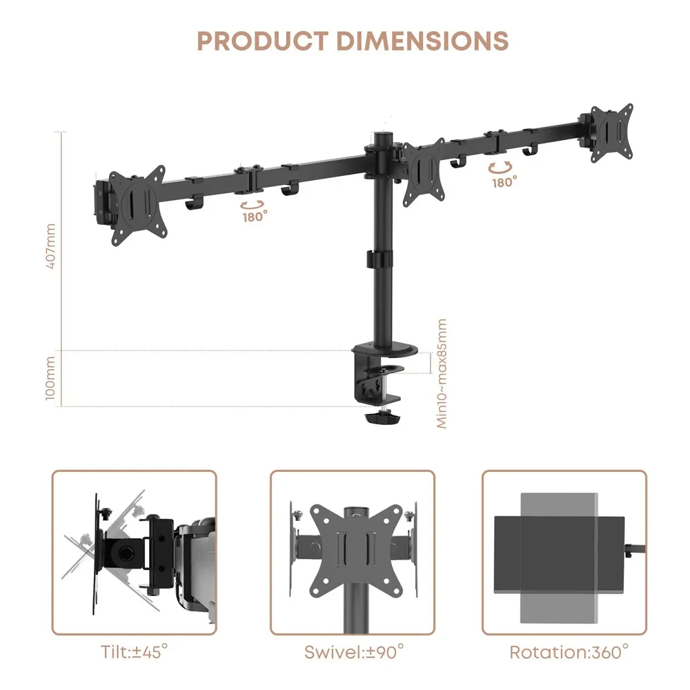 3 Monitor Desk Mount for Computer Screens Fits 13-27 inch, Holds up to 22lbs,Triple Monitor Arm Heavy Duty Monitor Stand Swivel