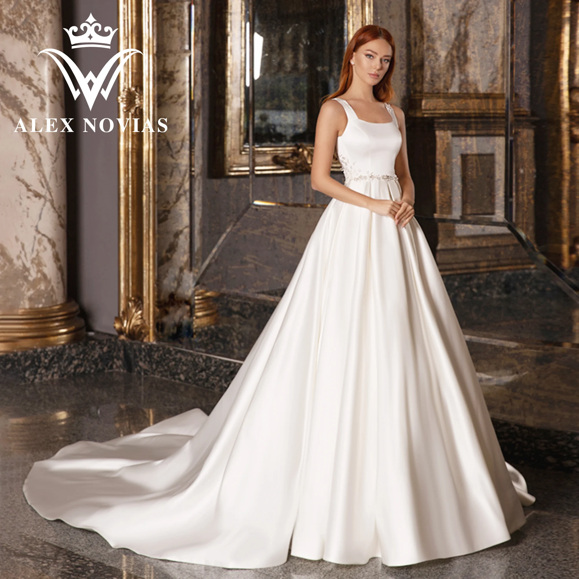 

ALEX NOVIAS Satin A-Line Wedding Dresses For Women 2023 Square Collar Appliques Beading Sequined Wedding Gown Vestidos De Novia