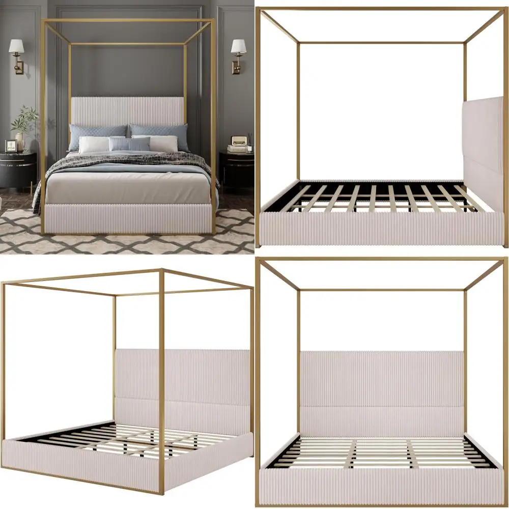 Luxury King Size Metal Canopy Bed with Tall Upholstered Headboard, Gold Four Poster, No Box Spring Needed, Beige
