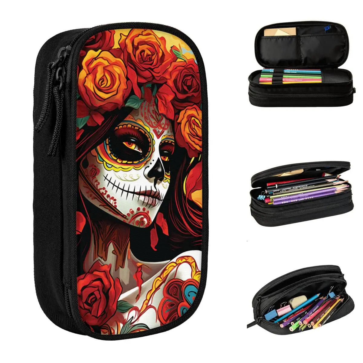 Cute La Catrina Calavera Day Of The Dead Halloween Pencil Cases Pencilcases Pen for Student Big Bag Office Zipper Stationery