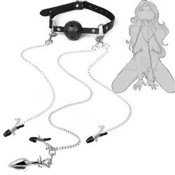 Adult Sex Foreplay Game Bdsm Bondage Kit Metal Chain Nipple Clamps Mouth Gag metal Anal plug  Adult SM Restraints For Women