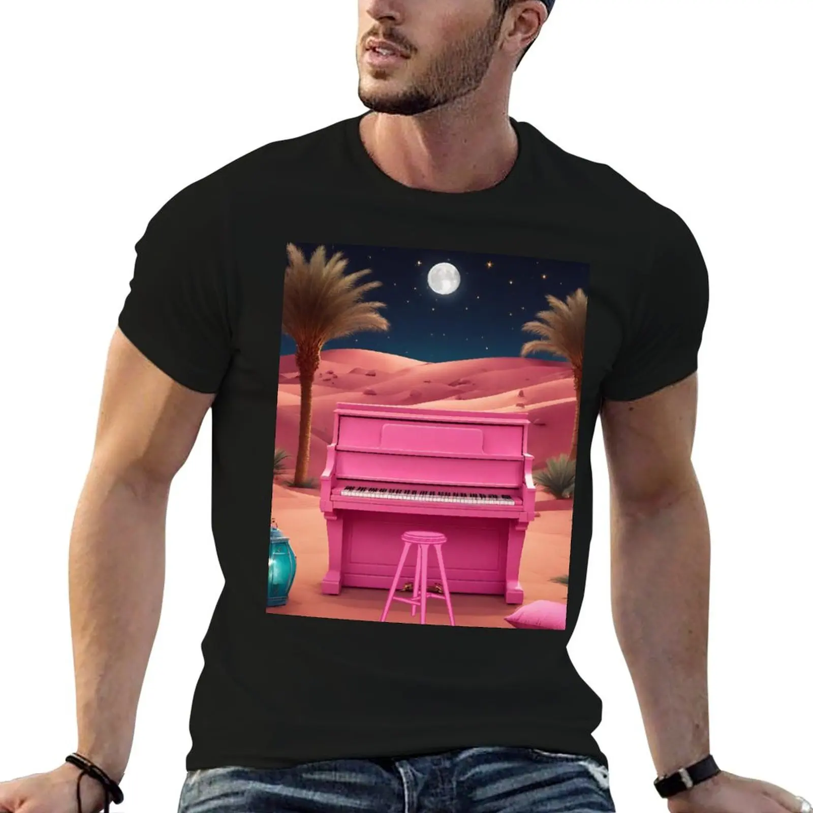 Piano in the Egyptian desert with Pyramids, jungles, lanterns, ancient Rome T-Shirt Big Size Short Sleeve Tee for Men