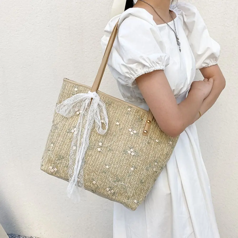 

Single Shoulder Large Capacity Straw Woven Shoulder Bag Handmade Portable Beach Bag Lace Handbag Beach