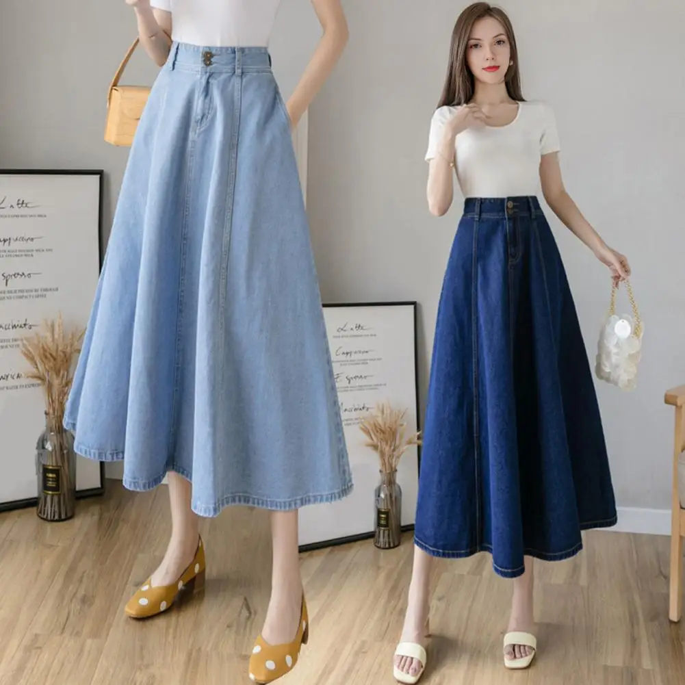 

Midi Denim Skirt Stylish High Waist Denim Midi Skirt with Button Zipper Fly A-line Hem Design Solid Blue Color for Office Lady