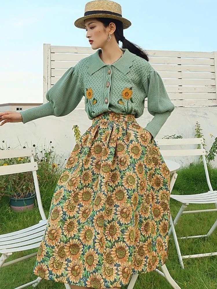 

Korobov Y2k Long Skirts for Woman Faldas Sunflower Jacquard High-waisted Skirt Vintage Temperament Korean Fashion Clothing