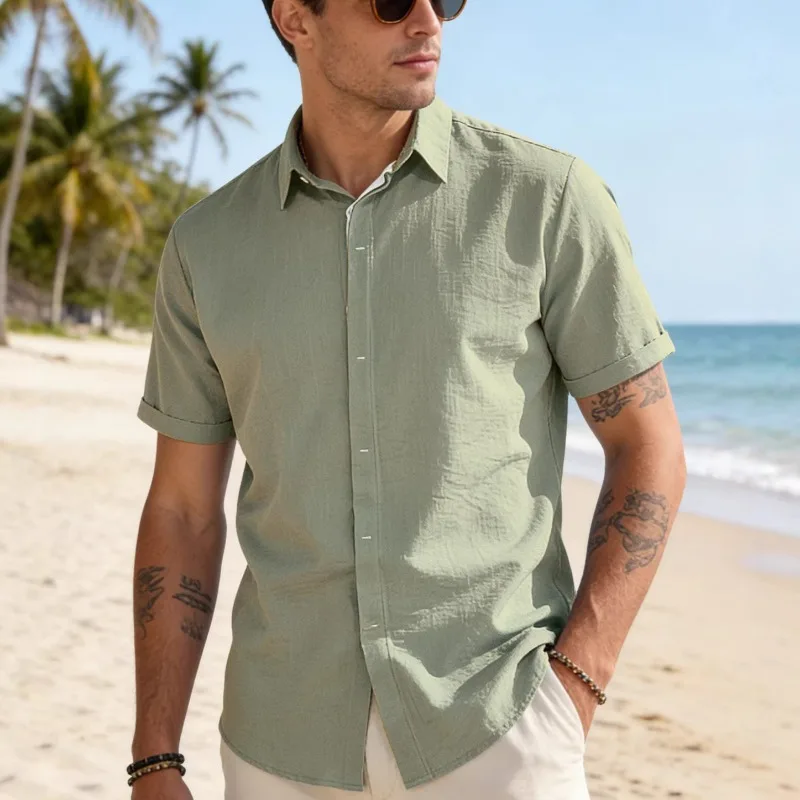 

Men's Cotton Linen Short Sleeve Button Down Shirt with Contrast Inner Detail
