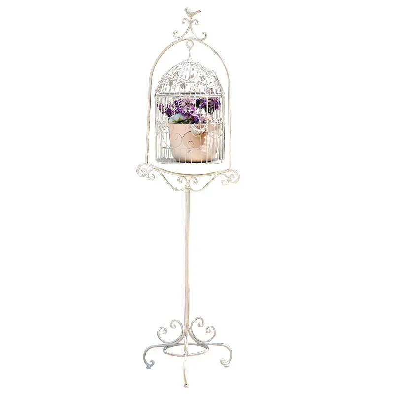 Iron birdcage and flower rack Outdoor display and storage of flower pots, old white birdcage and flower stand crafts