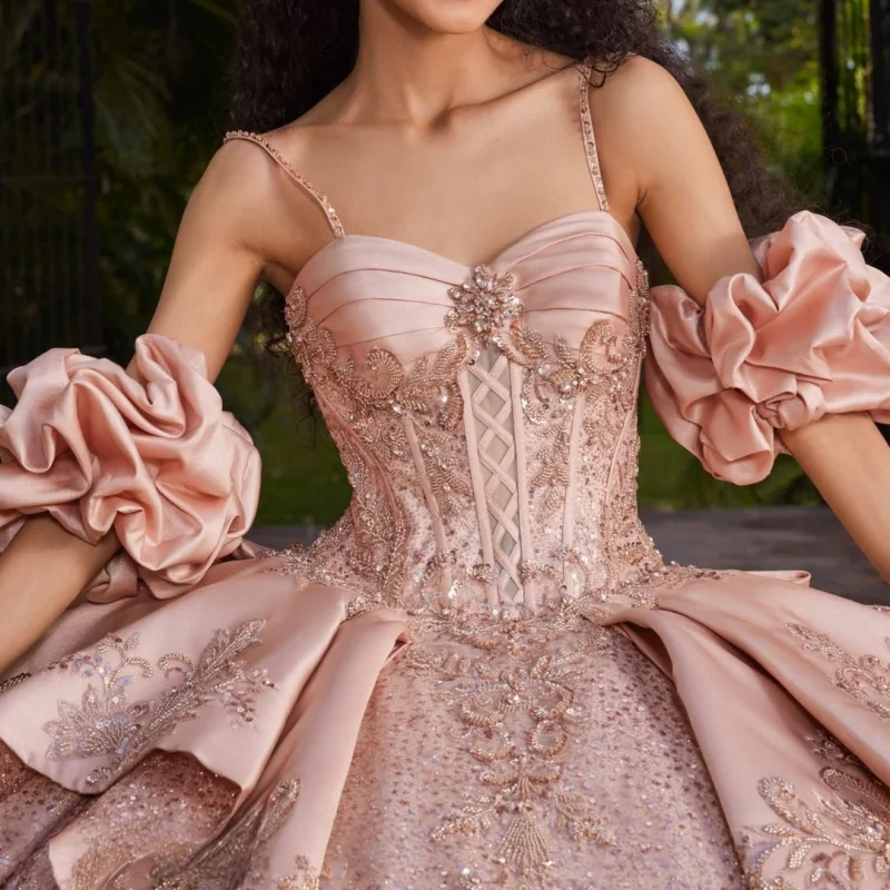 

Shiny rose pink Quinceanera Dress off-shoulder glitter decal layering Long tail Bow vestidos de 15 Quinceanera ﻿Customize