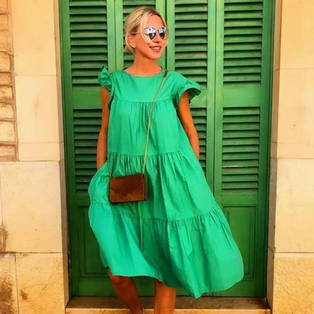 

Платье женское свободного кроя, стильное ТРАПЕЦИЕВИДНОЕ средней длины, с рукавами-фонариками, в стиле пэчворк, со складками, для отдыха, пляжная одежда, на лето