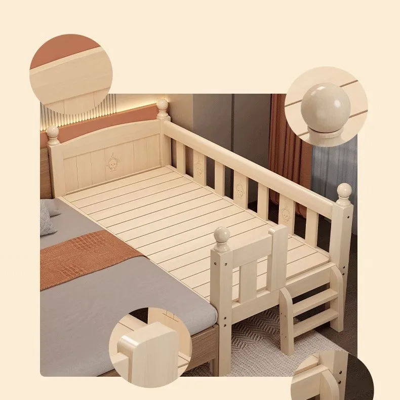 Solid wood children's bed adjustment lifting foot belt guardrail bed fence baby splicing widened single side bed