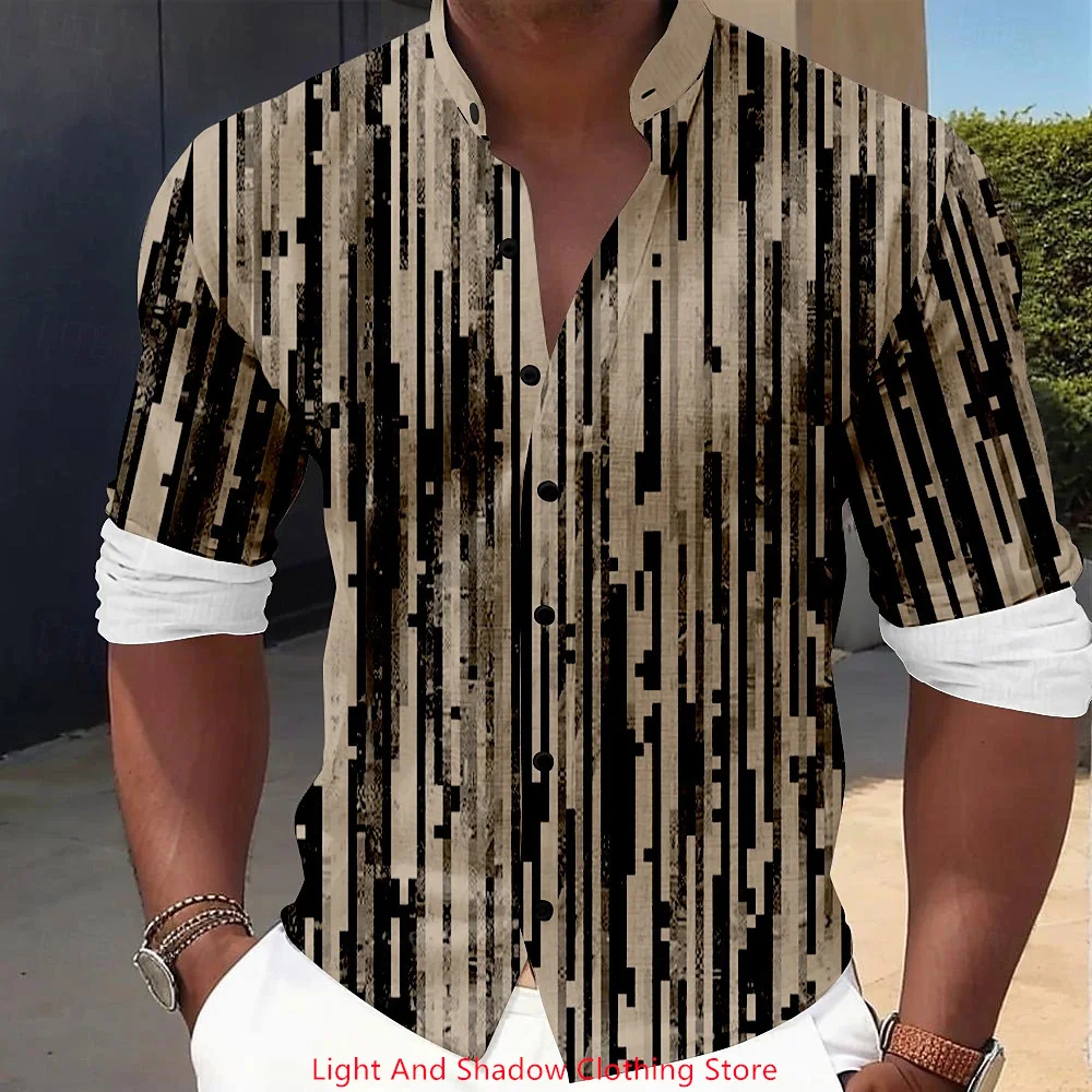 2025 New Men's Stand up Collar Shirt Geometric 3D Printed Shirt Fashion Casual Street Men's Long Sleeve Single breasted Clothing