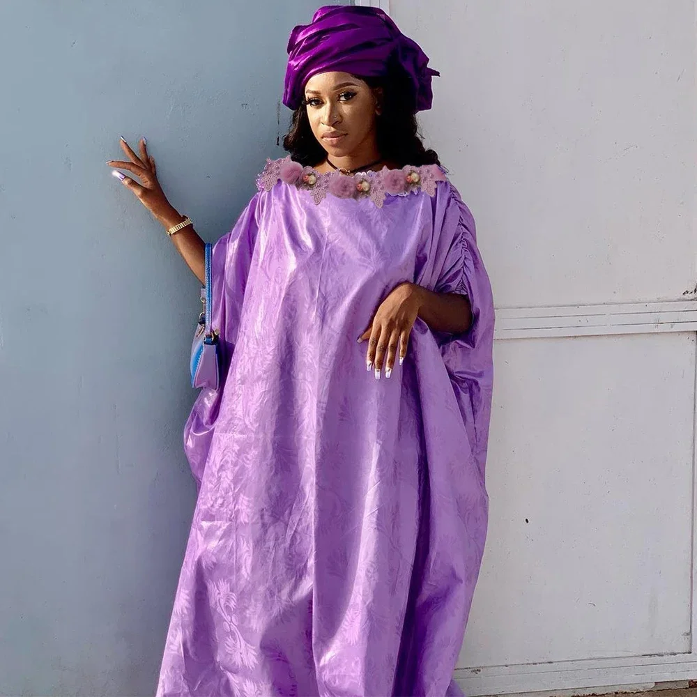 

New Purple Bazin Riche Nigerian Women's Long Dress - Party Attire & Everyday Wear - Bazin Riche Dashiki Robe - Evening Gown.