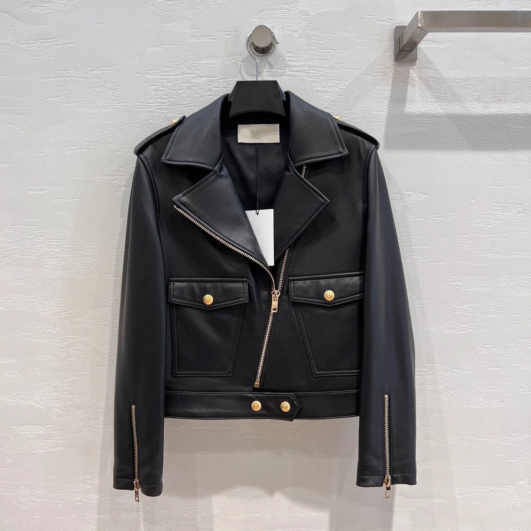 

2024Genuine leather jacket spring new sheepskin diagonal zipper lapel work clothes pocket long-sleeve motorcycle jacke