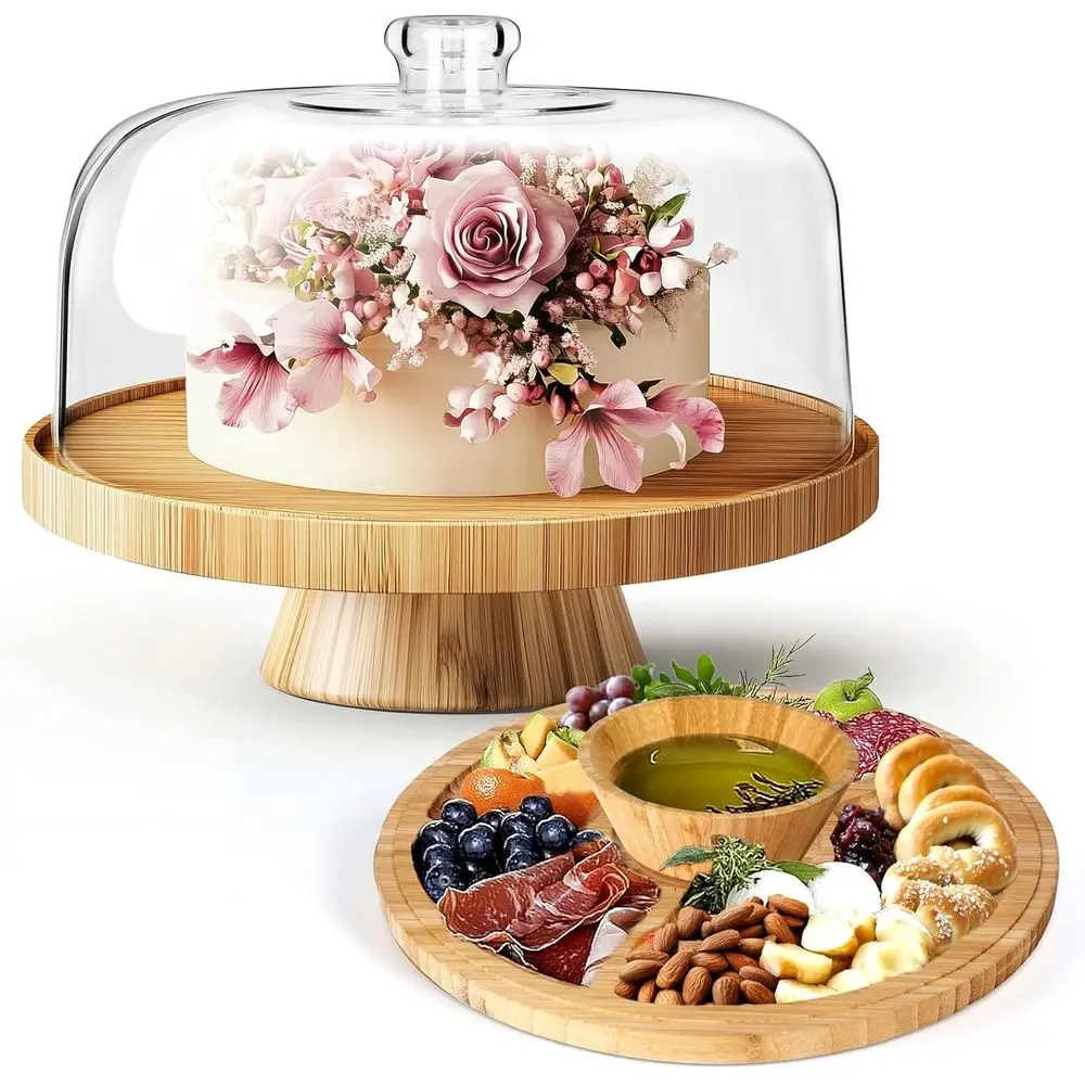 

6-in-1 Wooden Cake Stand with Dome Lid, Versatile Serving Tray for Desserts, Salads, and More, Ideal for Weddings and Parties