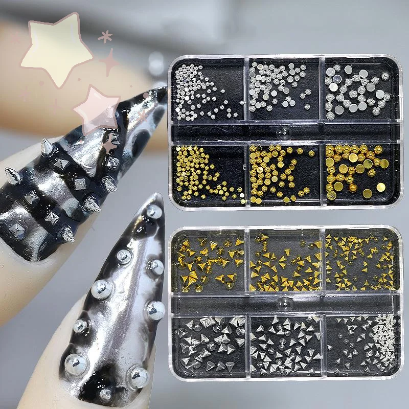 6 Grids Punk Nail Rivets Silver Gold Black Mixed Size Metal Bead Studs Round Cone Nail Art Charms Parts DIY Decoration