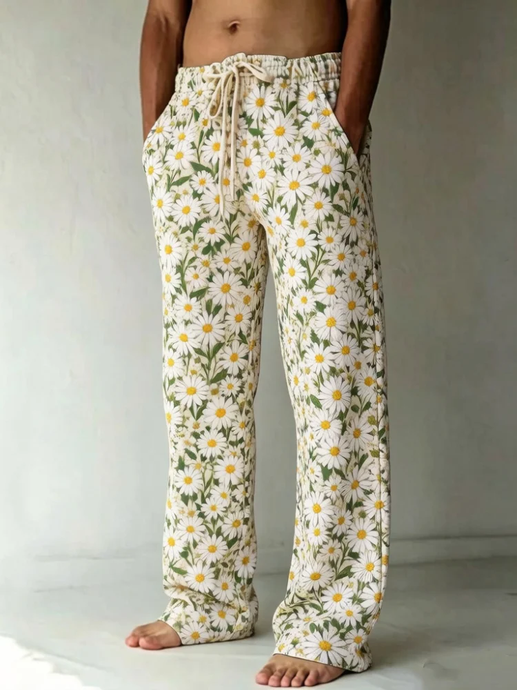 Mens Elastic Drawstring Waist All Over Daisy Printed Wide Straight Floor Drag Loose Daily Vacation Casual Pants