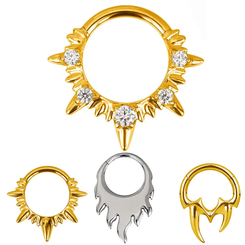 ASTM F136 Titanium EAR PIERC and Spike/flame/Sharp Teeth Tip CZ Ring Hoop Nose Rings Hinged Clicker Earring Ring Body Piercing