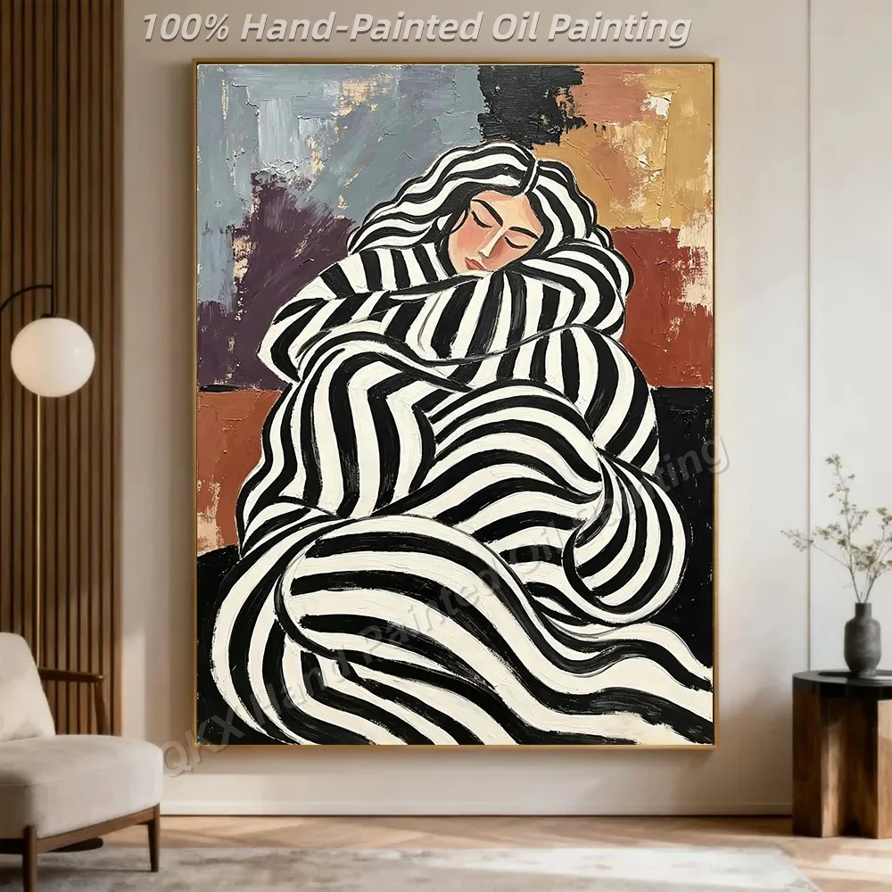 Abstract Oil Painting 100% Handmade Large Striped Sleeping Woman Original Wall Art Textured Canvas for Living Room Decor