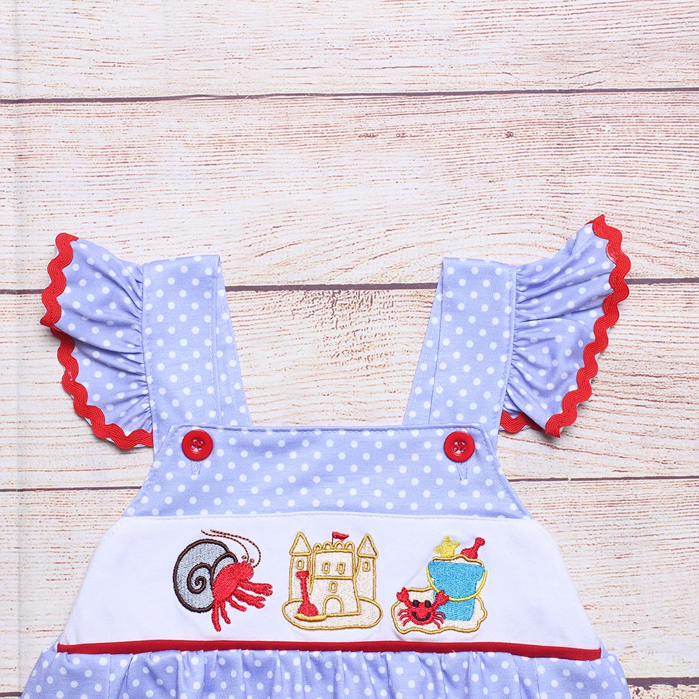 Baby Girl Clothes Cotton Dress Summer New Style Beach Castle Crab Embroidery One Piece Cute White Spot Sky Blue Dress For Girls