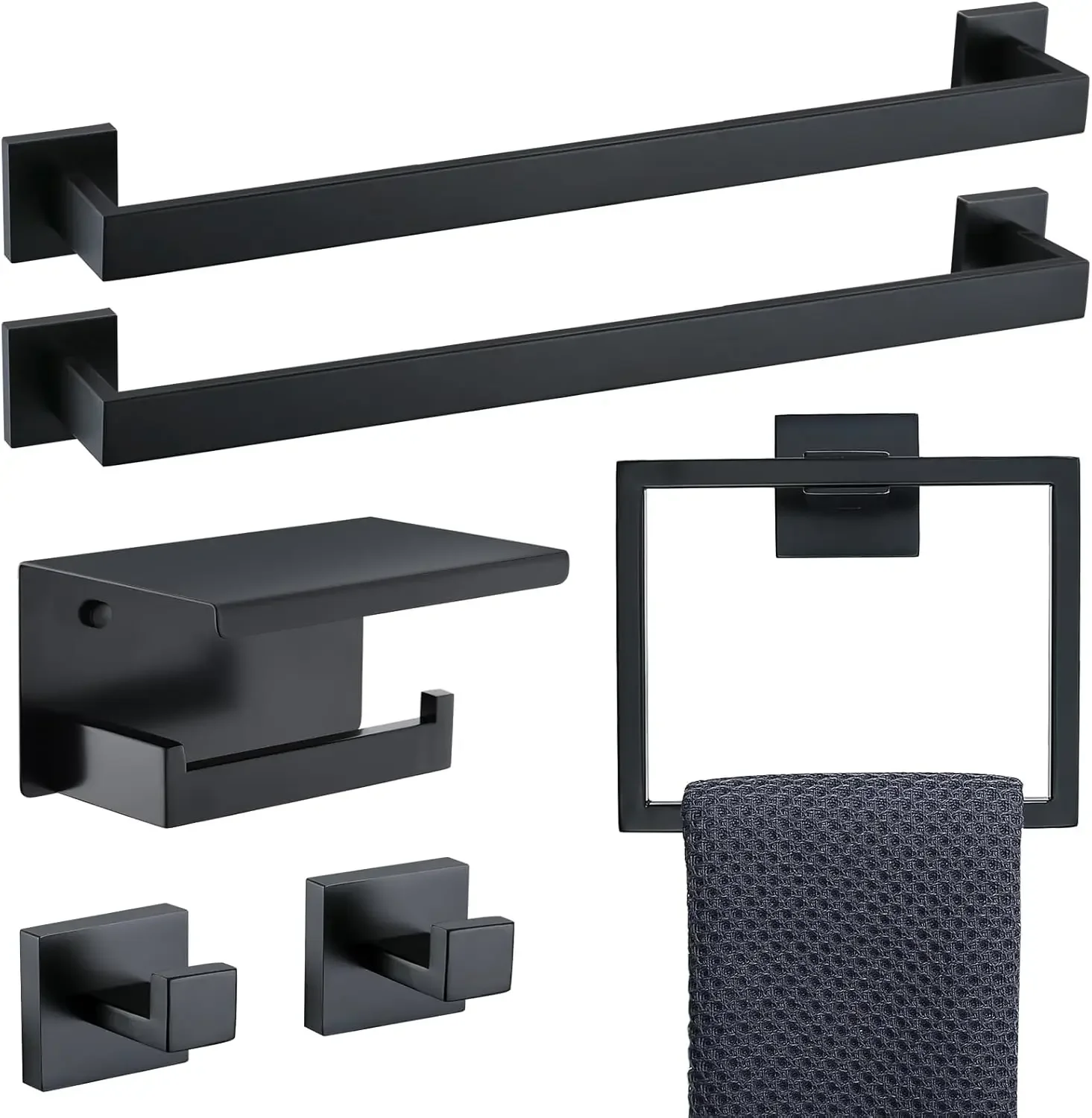 

6-Piece Black Bathroom Hardware Set 23.6 Inch Towel Bar Set Double Towel Bar Towel Ring Coat Hook and Toilet Paper