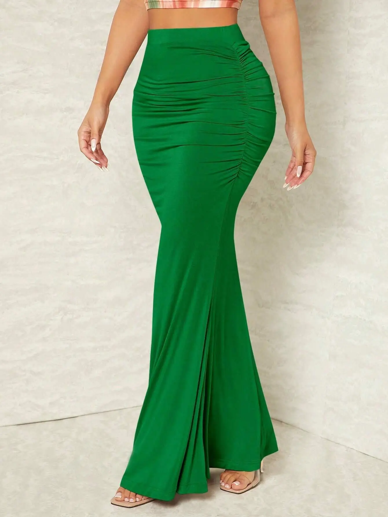 Długa spódnica bodycon z marszczeniami, damska, seksowna, elastyczna, elegancka, z wysokim stanem, typu syrenka, maxi, jesienne trendy, odzież uliczna, ubrania damskie.