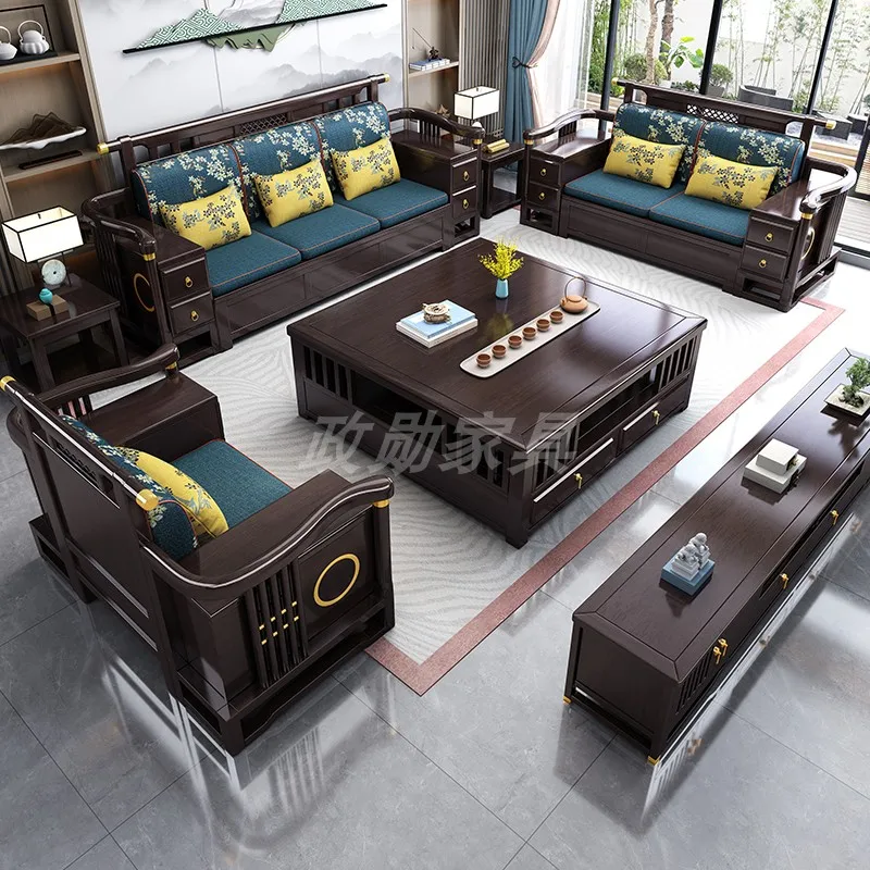 New Chinese-style solid wood sofa combination Zen dual-purpose wood sofa villa large and small household storage furniture