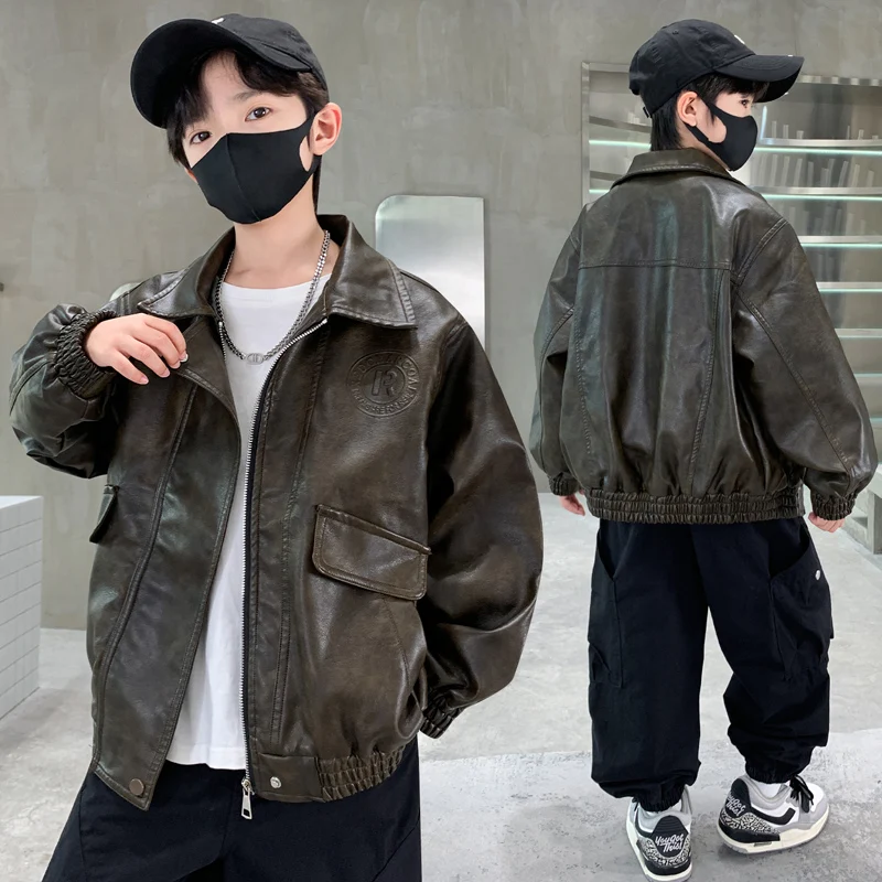 

Luxury School Boys PU Leather Jacket Cool Style Brown Leather Coat for Kids Trendy Autumn Outerwear Casual Children Tops Clothes