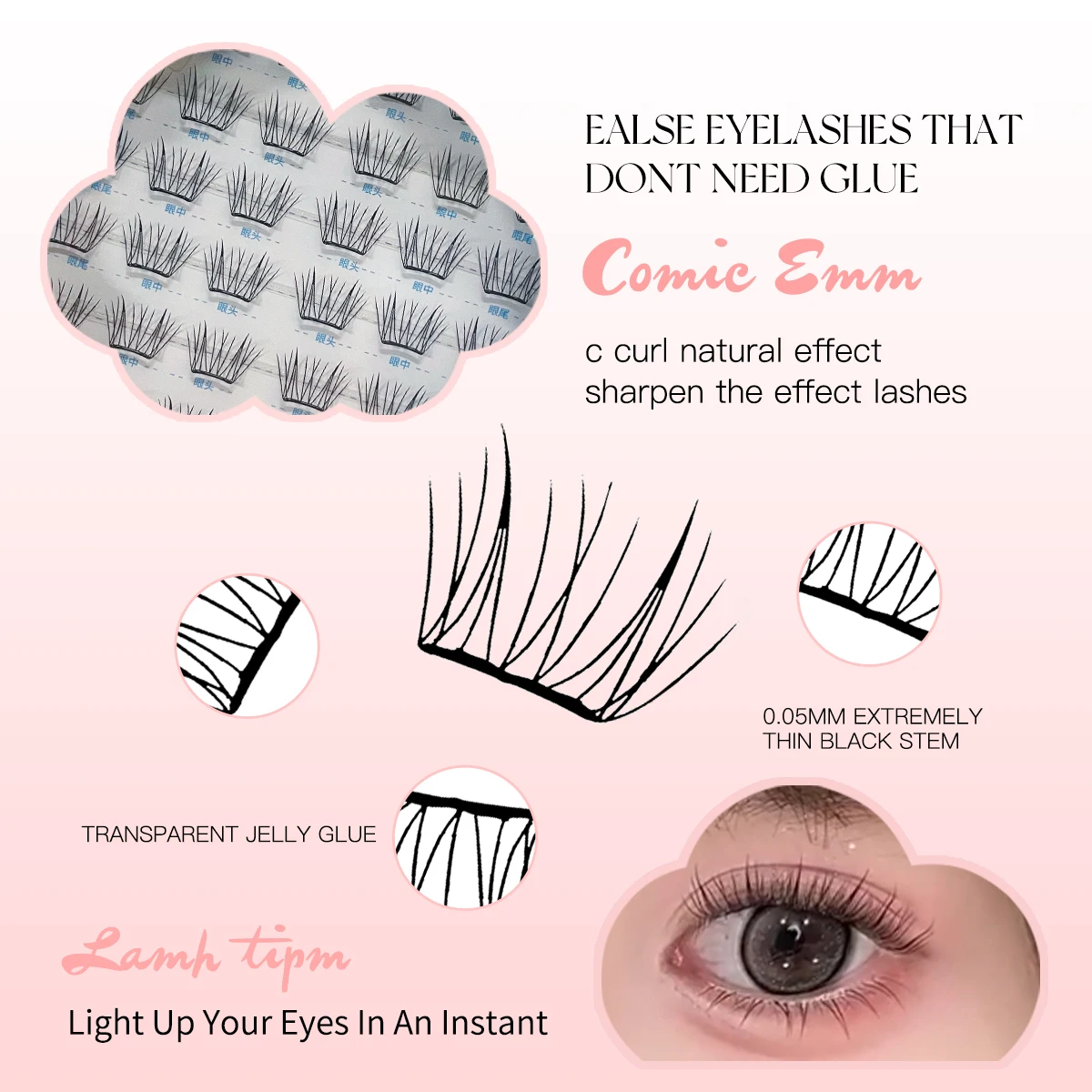 8Rows ノングルー フェイクミンクまつげ 通気性のある超薄型セグメントまつげ 液体接着剤で一日中楽々装着 女の子向け