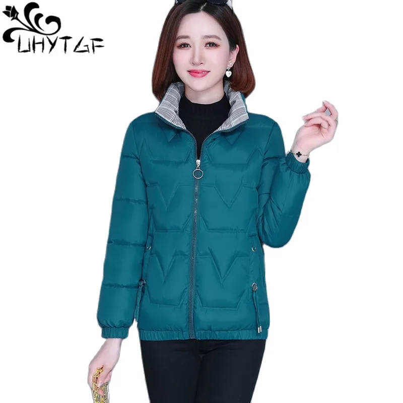 

UHYTGF Casual Winter Coat Women's Long-Sleeved Down Cotton Jacket Parka Female Warm Short Coat Zipper Loose Ladies Overcoat 2139