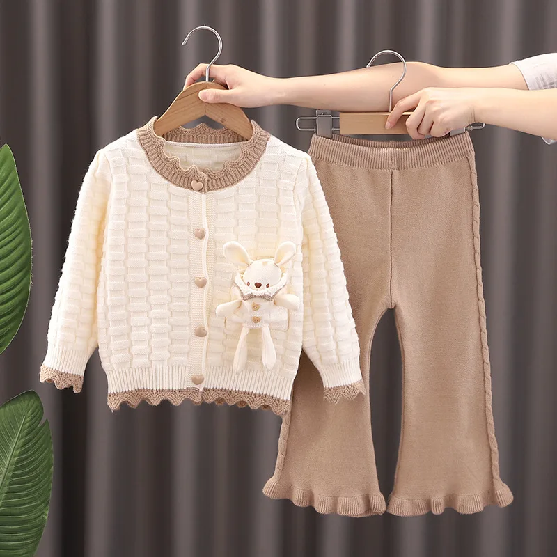 Autumn Winter 1-6Y Girls Knitted Clothes Set Lace Collar Heart Button Cartoon Rabbit Kid Girl Tops Toddler Girl Flare Pants Suit