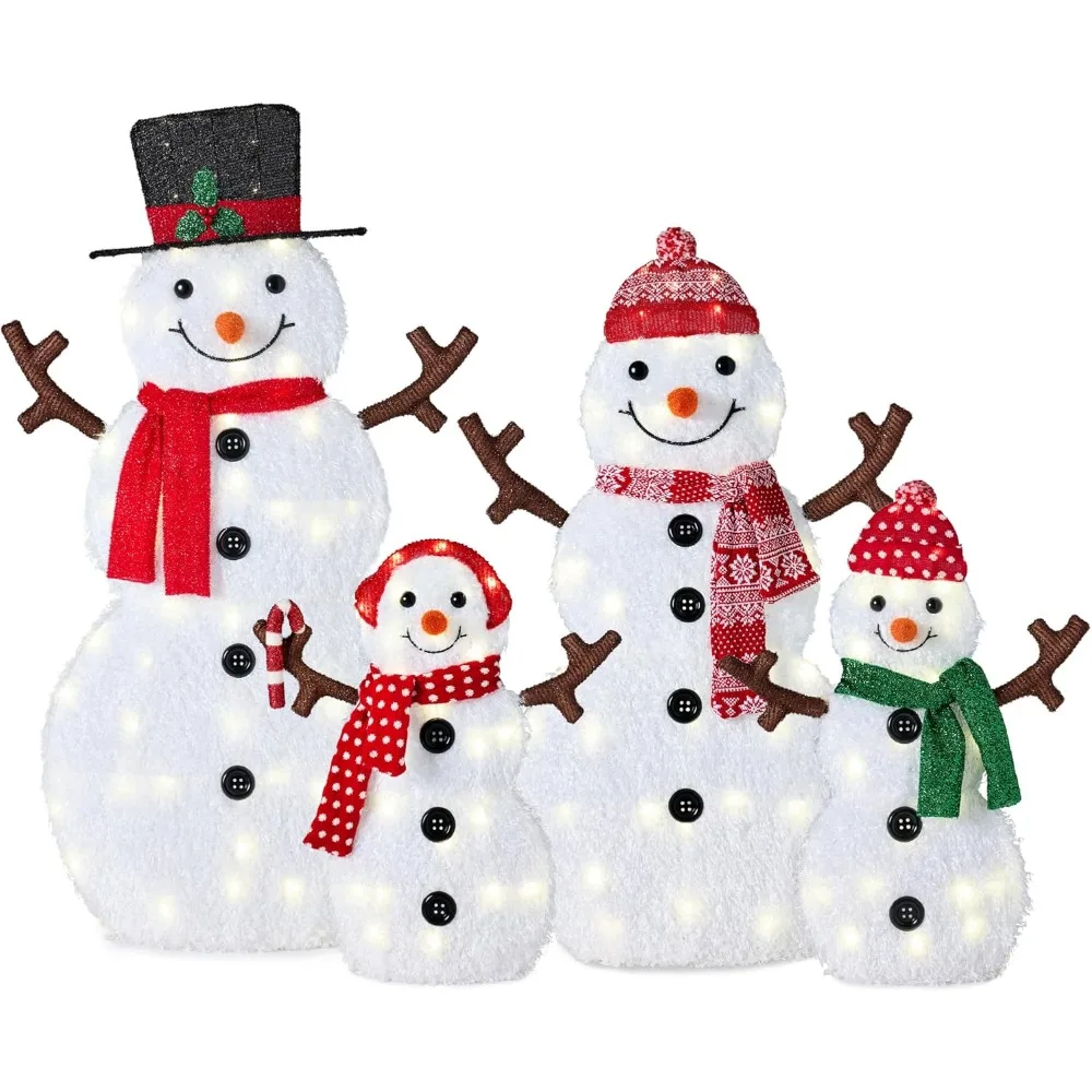 4ft 4-Piece 2D Lighted Christmas Snowman Family Set, Large Outdoor Yard Decor Holiday Decoration w/ 160 Twinkling LED Lights