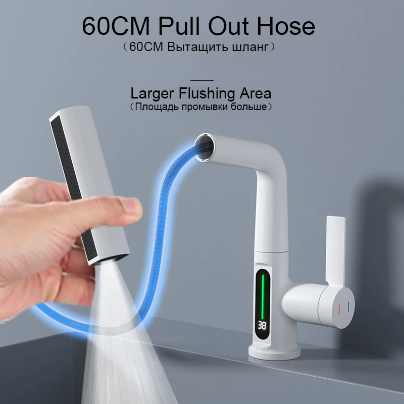 Shinesia rubinetto per lavabo a pioggia Smart LCD Display digitale miscelatore per lavabo da bagno estraibile rubinetto nero/bianco 3 modalità Spray