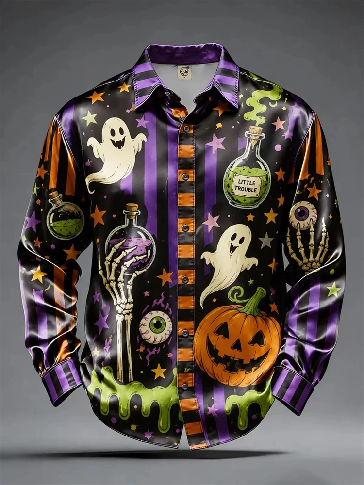 New for Autumn 2026 Halloween Long-Sleeve Shirt Pumpkin Ghost Print Collared Button-Down Loose Comfortable Festive Party Top