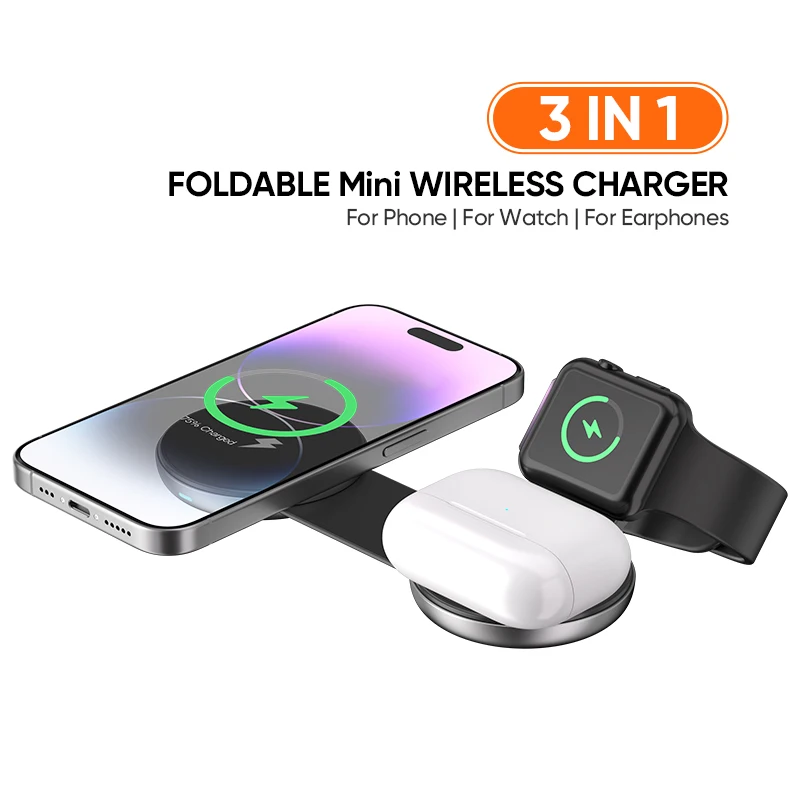 

Foldable Mini Travel Charger 3-in-1 Magnetic Wireless Charging for iPhone 16/15/14/13/12 pro Max Apple Watch And AirPods