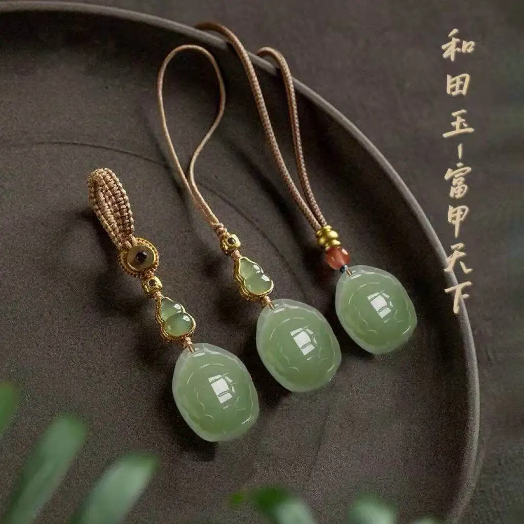 Chinese Style Hetian Jade Turtle Shell Keychain Lucky Wealth Fortune Blessing Pendant Retro Phone Charm Feng Shui Good Luck Amul