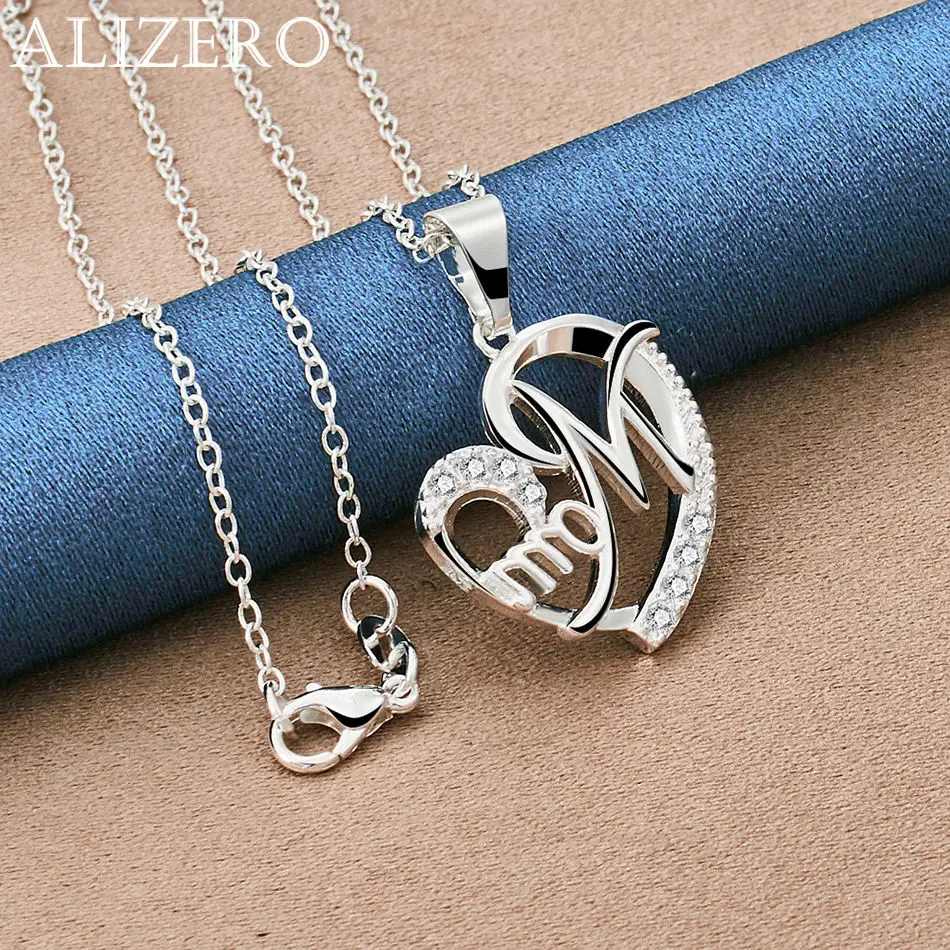 

ALIZERO 925 Sterling Silvery inlay Zircon Mom Heart Pendant Necklaces With 16-30 inch Chain Women Jewelry Mother's Day Gift