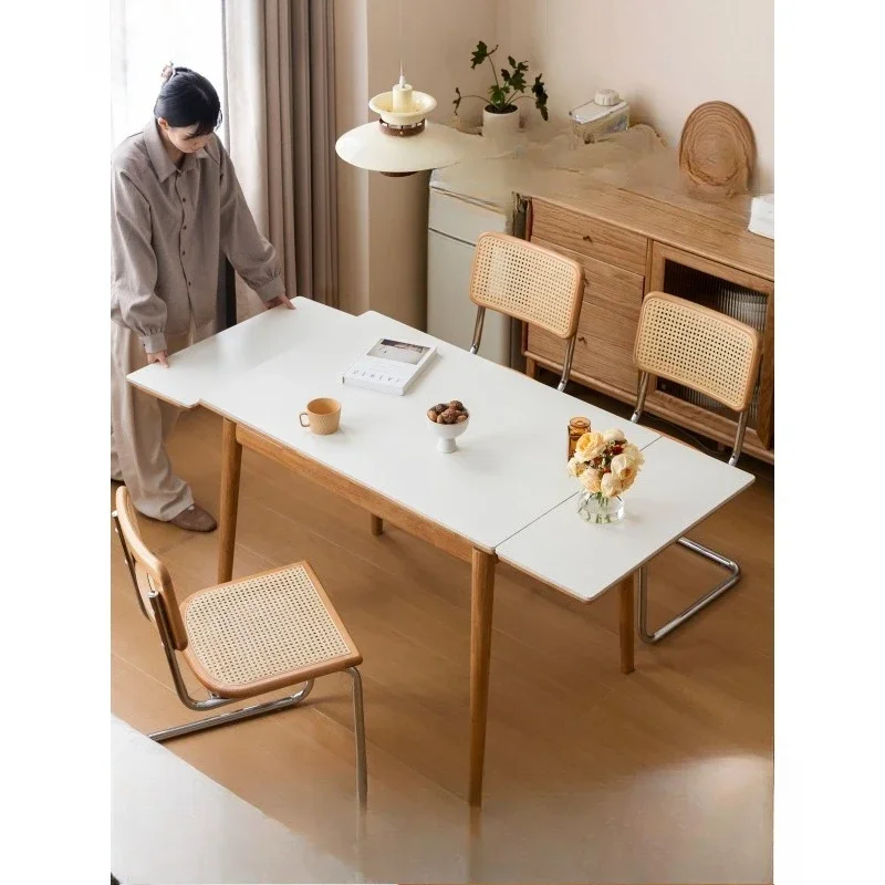 Solid wood folding dining table Household small apartment log retractable eating table Rock slab dining table