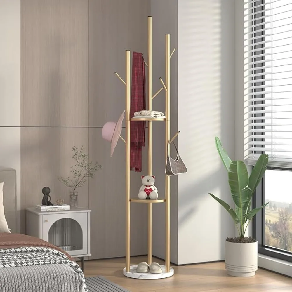 

Freestanding Metal Coat Rack w/Shelves, Marble Base & 9 Hooks for Entryway, Living Room, Bedroom, Easy Assembly Coat Rack