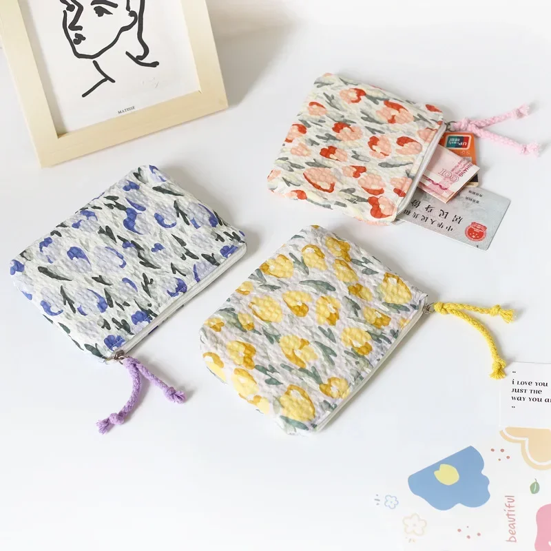 Mini monedero Floral fresco de estilo japonés para mujer, bolsa compacta coreana, almacenamiento de llaves de estudiante, monedero pequeño y lindo