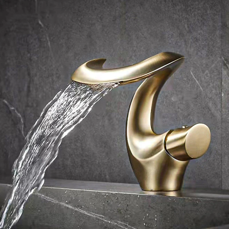 

Brass waterfall Bathroom Basin Faucet Deck Installation Hot And Cold Mixed Tap Brushed Gold/Grey Single Handle Lavotory Faucet