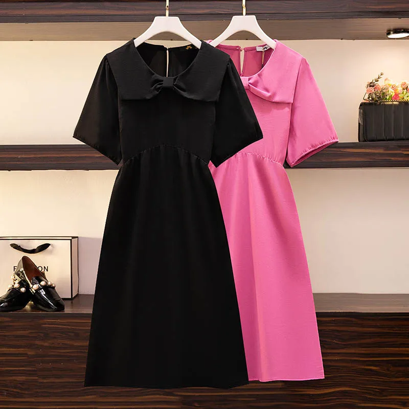 150Kg Plus Size Women's Bust 150 Summer Loose Bow Short-Sleeved Doll Collar A-Line Dress Black Rose-Red 5XL 6XL 7XL 8XL 9XL