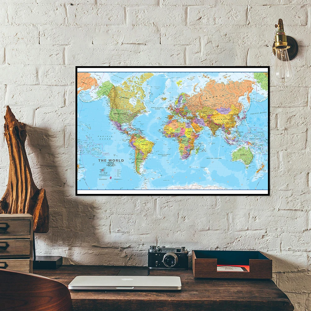 Cuadro colgante decorativo del mapa del mundo, pintura en lienzo muy detallada, póster de arte de pared moderno, suministros escolares para el