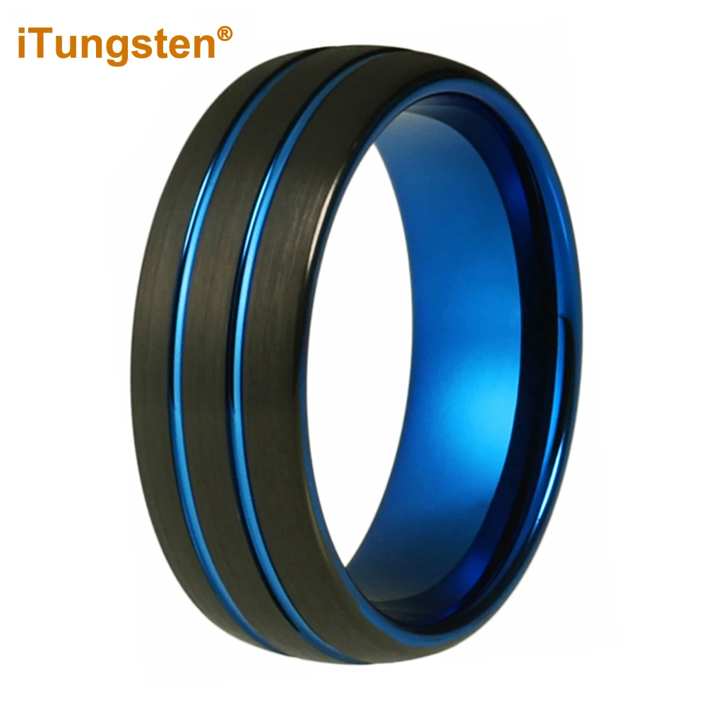 

iTungsten 8mm Dropshipping Black Blue Tungsten Weding Band Ring For Men And Women Domed Grooved Brushed Finish Comfort Fit