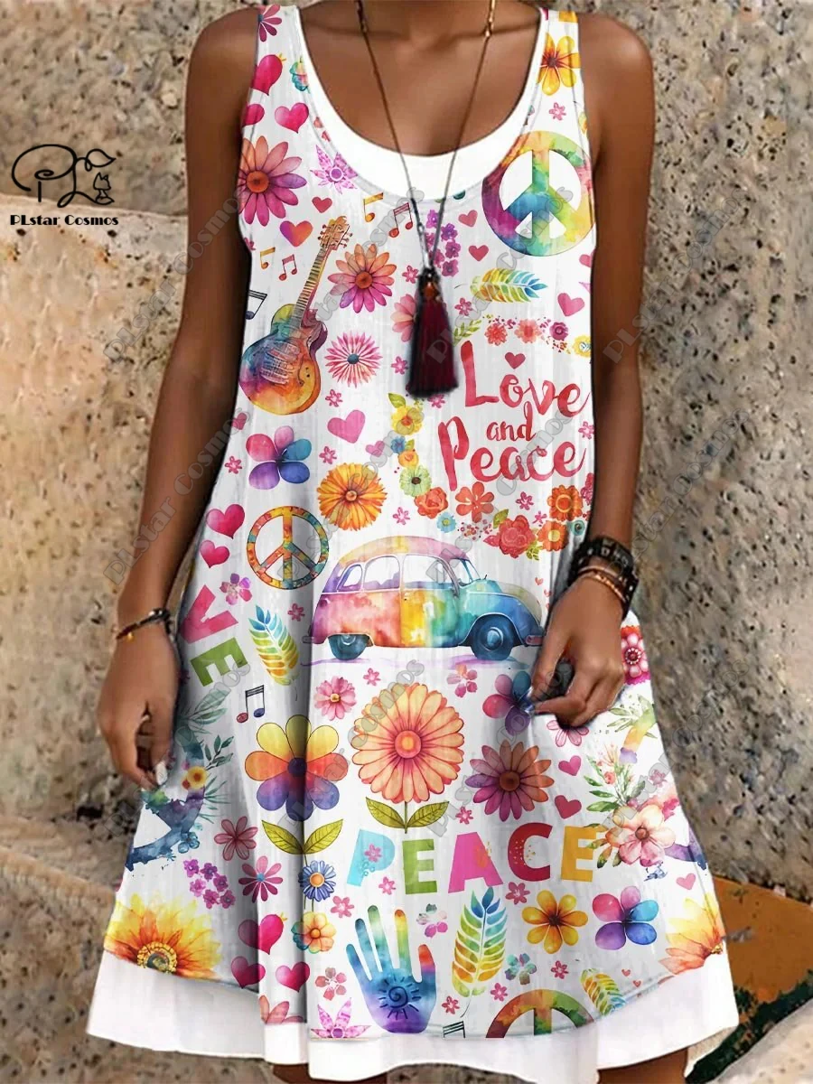 PLstar Cosmos 3D Printed Retro Pattern Women's Sleeveless Dress Summer Casual Beach Dress Holiday Style Collection S-22