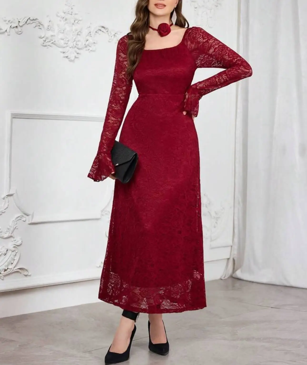 

Вечернее платье в Саудовской Аравии по индивидуальному заказу, бордовые кружевные бальные платья с длинными рукавами, длинные вечерние платья до щиколотки, многоразовые вечерние платья