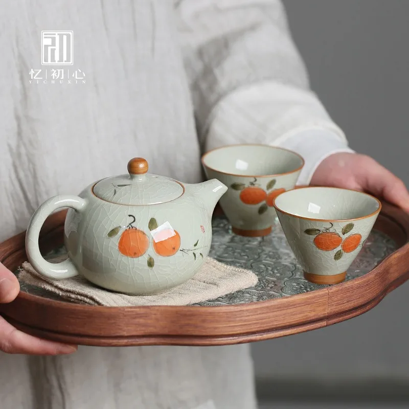 

Hand Drawn Persimmon Tea Pot One Pot Two Cups Kung Fu Tea Set Ceramic Ice Cracking Glaze Underglaze Color Tea Pot
