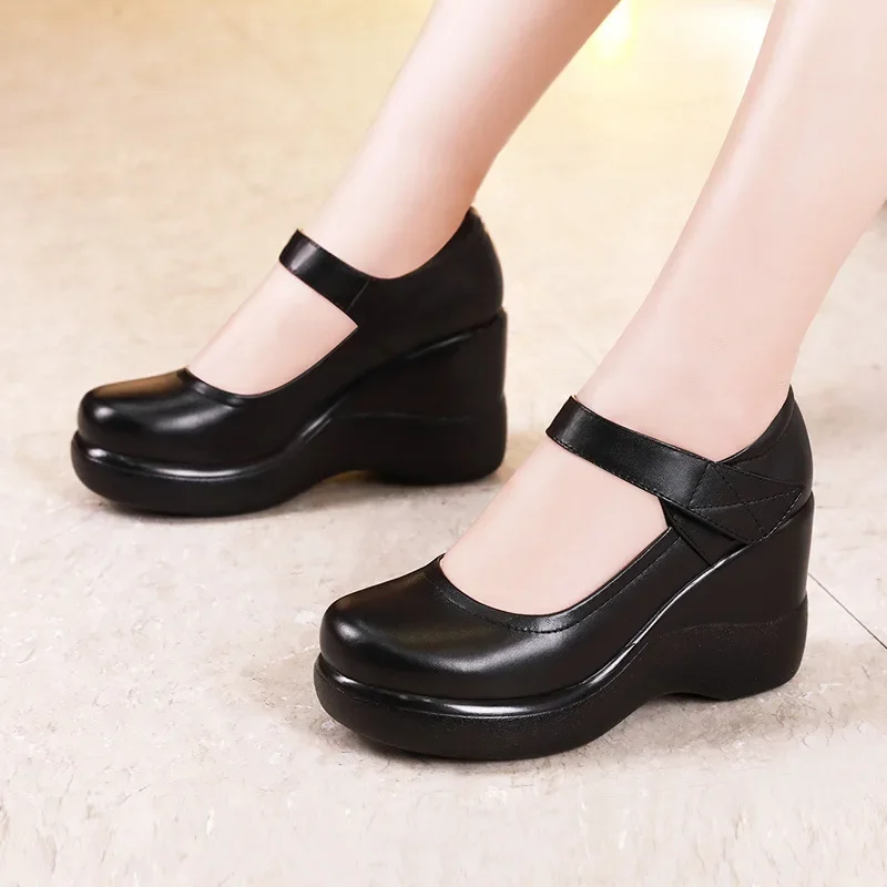 TIMETANG Round Toe Wedge Pumps Women Shoes Mary Jane Shoes Thick Bottom Leather Shoes Platform Pumps Fashion Brand New Plus Size