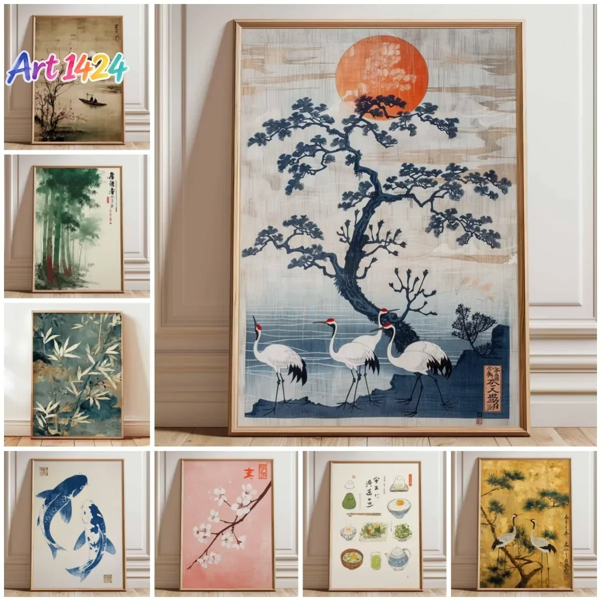 Japanese Crane Poster, Vintage Ukiyo-e Wall Art, Red Sun and Pine Tree Print, Traditional Japanese Artwork, Oriental Home Dec