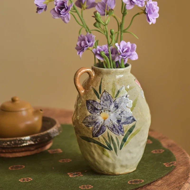 Ceramic Vase Decoration Living Rroom Flower Retro Flower Vase One Ear Hand-painted Happy Words Sunflower Pottery Jar