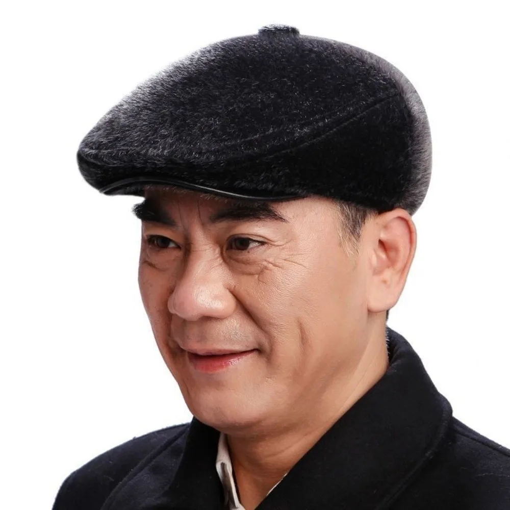 Faux Mink Fur Faux Mink Fur Beret Thermal Lining Peaked Brim Flat Cap Ear Flap Design Soft Fabric Winter Warm Hat For Grandpa
